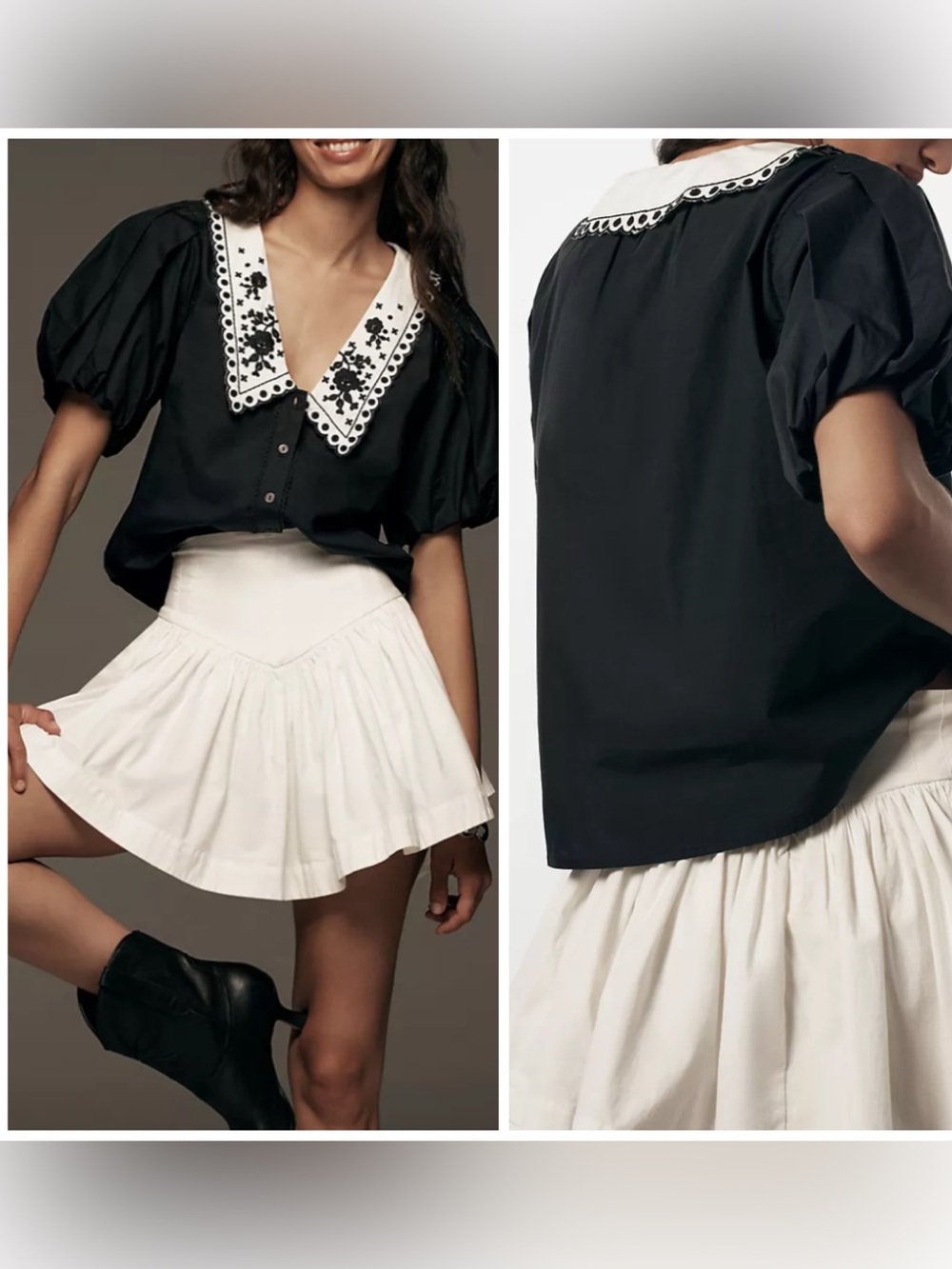 Anthropologie Puff-Sleeve Collared Top Black Embroidered V-Neck Women’s S NEW!